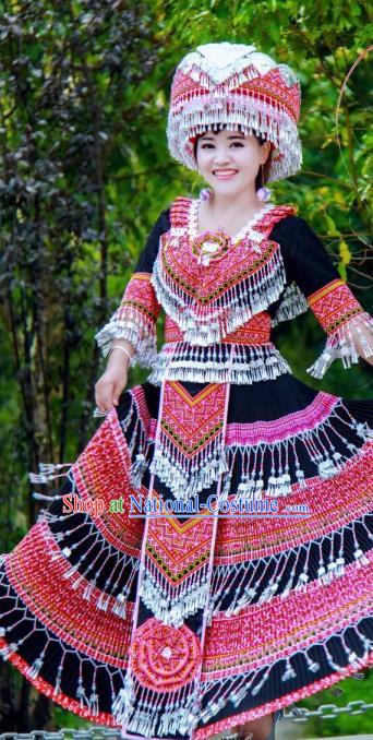 China Traditional Miao Ethnic Wedding Costumes Yunnan Minority Nationality Folk Dance Dress Embroidered Clothing and Headdress