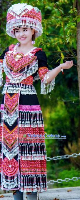 China Traditional Miao Ethnic Wedding Costumes Yunnan Minority Nationality Folk Dance Dress Embroidered Clothing and Headdress