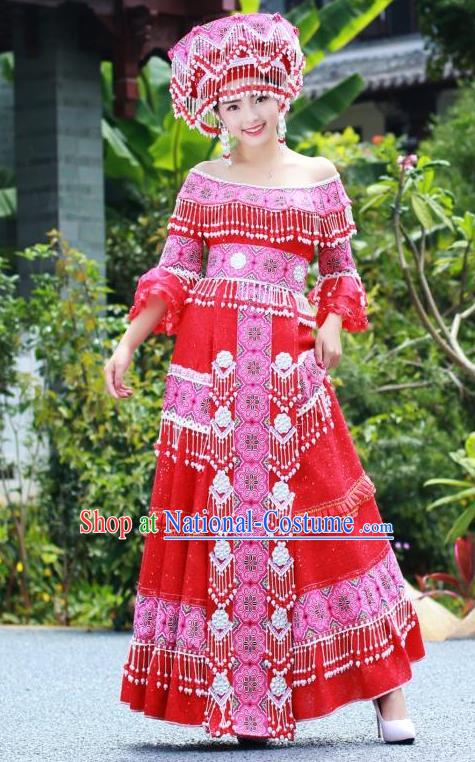 China Miao Minority Wedding Costumes Yunnan Tourist Attraction Stage Performance Clothing Traditional Ethnic Dance Long Dress and Hat