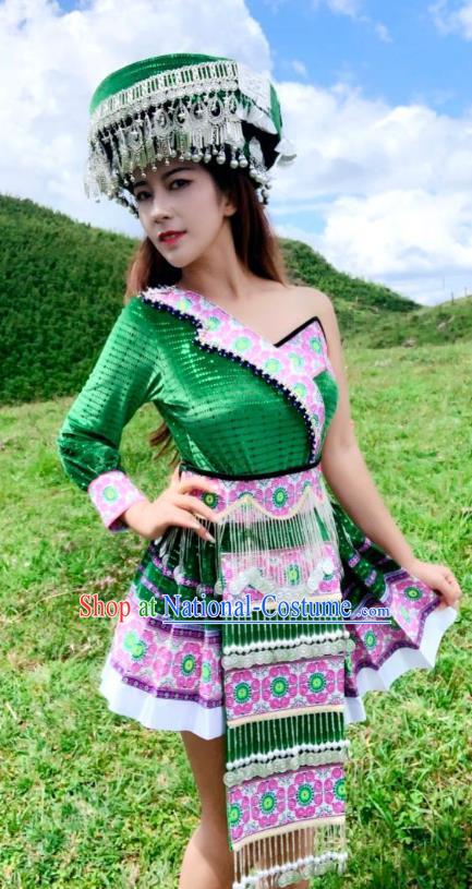 China Yunnan Tourist Attraction Photography Clothing Miao Minority Women Costumes Traditional Ethnic Folk Dance Green Short Dress and Hat