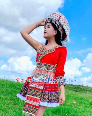 China Tourist Attraction Stage Show Red Short Dress Photography Clothing Traditional Miao Minority Women Costumes and Headwear