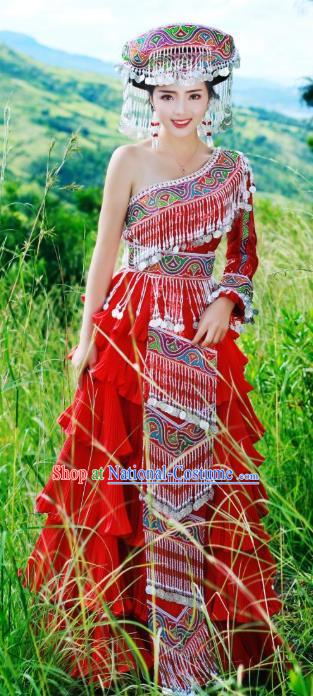 China Tujia Ethnic Festival Women Red Dress Folk Dance Costumes Guizhou Minority Celebration Clothing and Hat