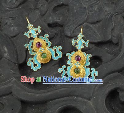 Top Grade Chinese Classical Court Gems Bat Earrings Traditional Handmade Golden Gourd Ear Jewelry Qing Dynasty Palace Accessories