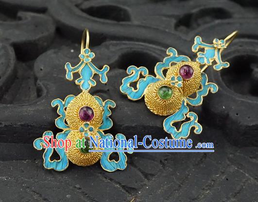 Top Grade Chinese Classical Court Gems Bat Earrings Traditional Handmade Golden Gourd Ear Jewelry Qing Dynasty Palace Accessories