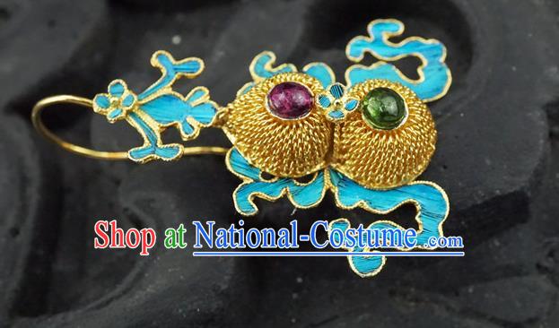 Top Grade Chinese Classical Court Gems Bat Earrings Traditional Handmade Golden Gourd Ear Jewelry Qing Dynasty Palace Accessories