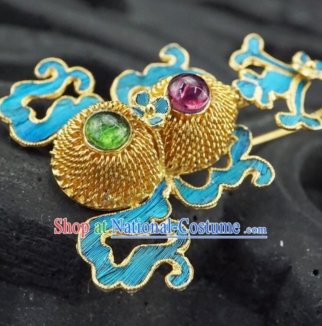 Top Grade Chinese Classical Court Gems Bat Earrings Traditional Handmade Golden Gourd Ear Jewelry Qing Dynasty Palace Accessories