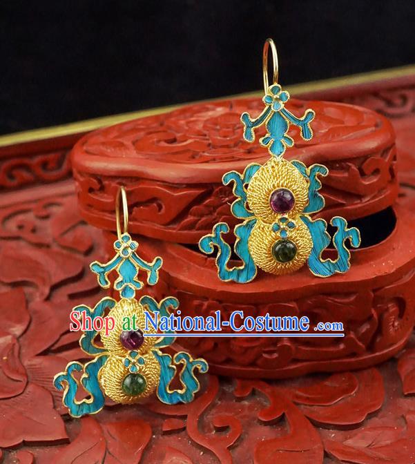 Top Grade Chinese Classical Court Gems Bat Earrings Traditional Handmade Golden Gourd Ear Jewelry Qing Dynasty Palace Accessories