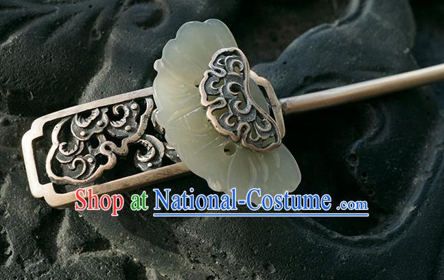 Chinese Ancient Princess Silver Carving Hair Accessories Traditional Cheongsam Jade Hairpin