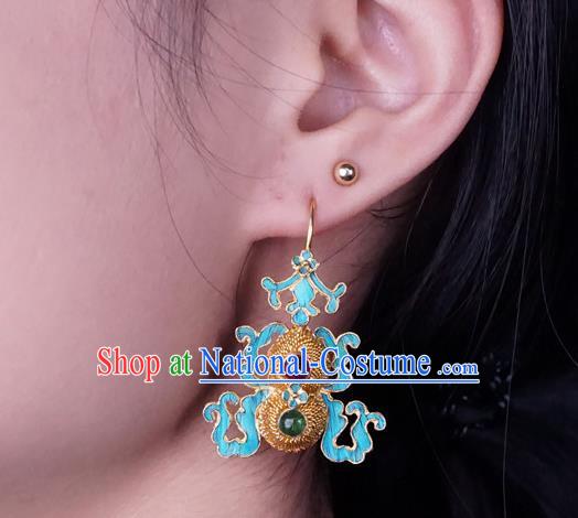 Top Grade Chinese Classical Court Gems Bat Earrings Traditional Handmade Golden Gourd Ear Jewelry Qing Dynasty Palace Accessories