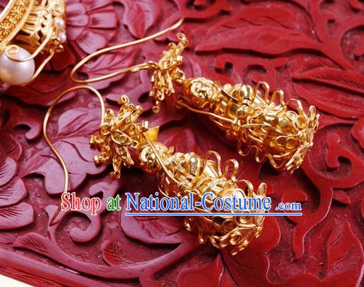 Top Grade Chinese Qing Dynasty Golden Earrings Traditional Handmade Ear Jewelry Ancient Empress Accessories