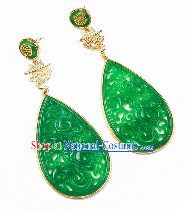 Top Grade Chinese Handmade Golden Palace Ear Jewelry Traditional Accessories Classical Cheongsam Jade Earrings