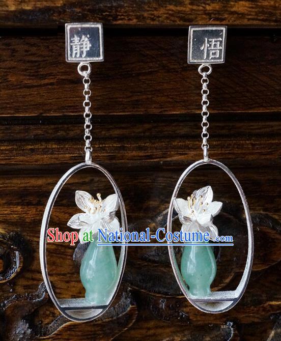 Top Grade Chinese Handmade Silver Orchid Ear Jewelry Traditional Accessories Classical Cheongsam Jade Vase Earrings