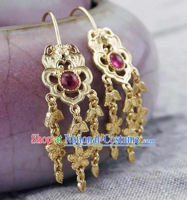 Top Grade Chinese Court Golden Earrings Traditional Handmade Ear Jewelry Qing Dynasty Tourmaline Accessories