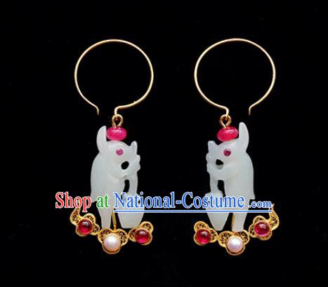 Top Grade Chinese Handmade Jade Rabbit Ear Jewelry Classical Qing Dynasty Palace Lady Gems Earrings Traditional Accessories