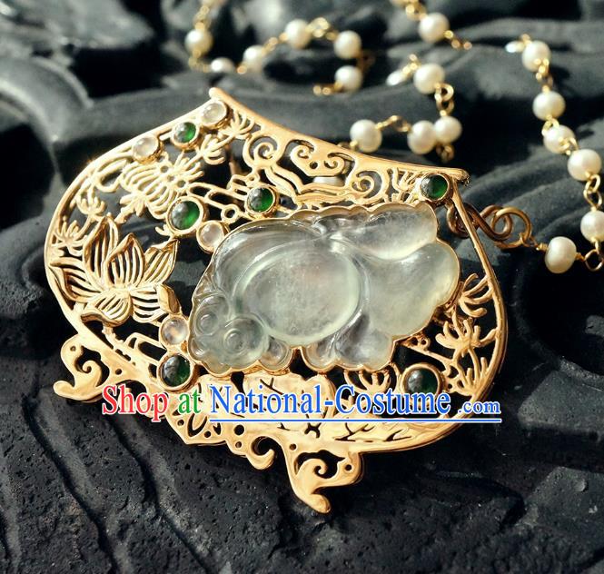 China Classical Qing Dynasty Golden Lotus Brooch Traditional Handmade Court Jade Breastpin