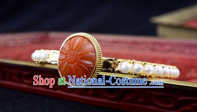 Chinese Traditional Agate Bangle Accessories Ancient Qing Dynasty Court Pearls Bracelet Gems Jewelry