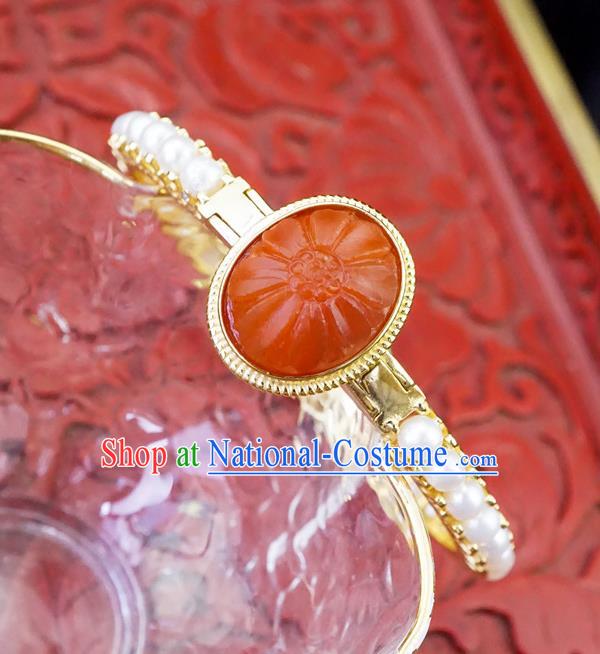 Chinese Traditional Agate Bangle Accessories Ancient Qing Dynasty Court Pearls Bracelet Gems Jewelry