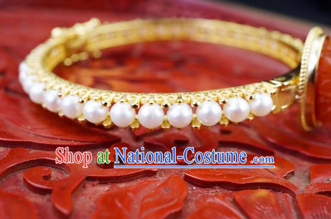 Chinese Traditional Agate Bangle Accessories Ancient Qing Dynasty Court Pearls Bracelet Gems Jewelry