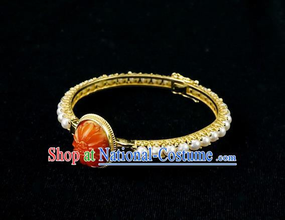 Chinese Traditional Agate Bangle Accessories Ancient Qing Dynasty Court Pearls Bracelet Gems Jewelry