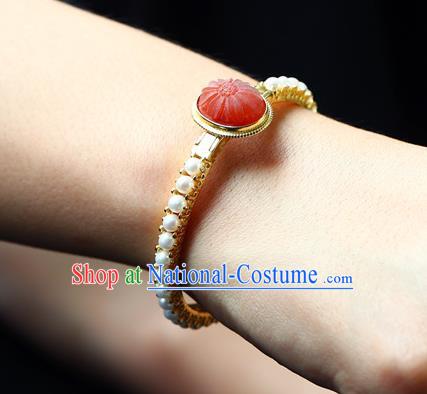 Chinese Traditional Agate Bangle Accessories Ancient Qing Dynasty Court Pearls Bracelet Gems Jewelry