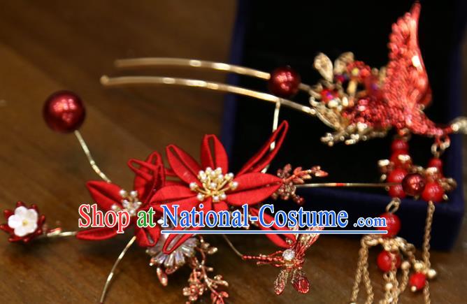 Chinese Classical Hair Accessories Traditional Wedding Red Silk Hairpins Full Set