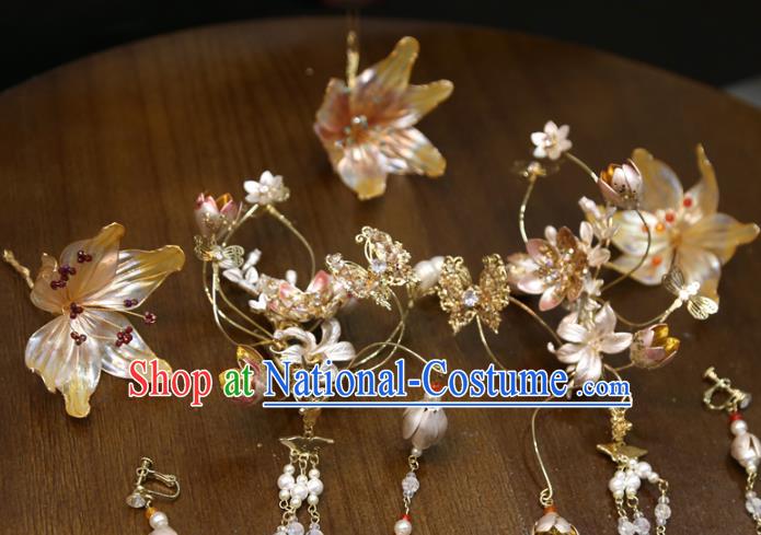 Chinese Classical Tassel Step Shake Hair Accessories Traditional Wedding Champagne Flowers Hairpins Full Set