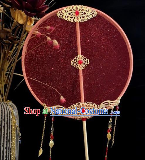 Chinese Traditional Red Silk Palace Fan Wedding Accessories Handmade Tassel Round Fans