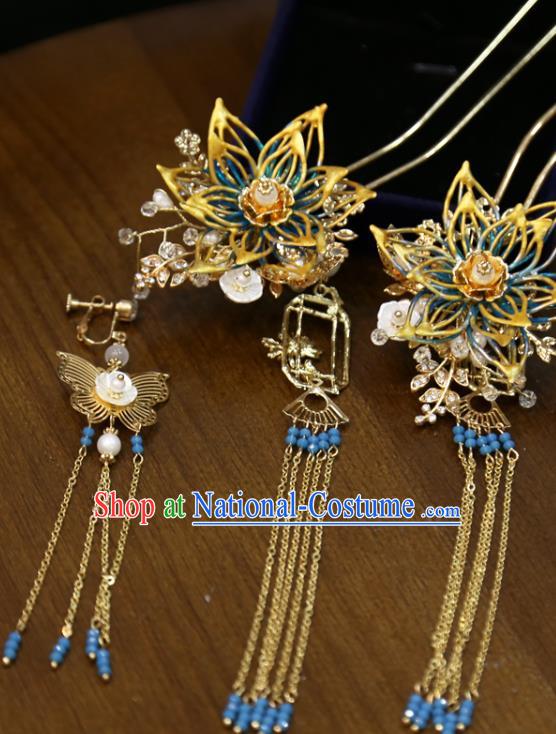 Chinese Classical Tassel Hair Sticks Hair Accessories Traditional Wedding Golden Lotus Hairpins Full Set