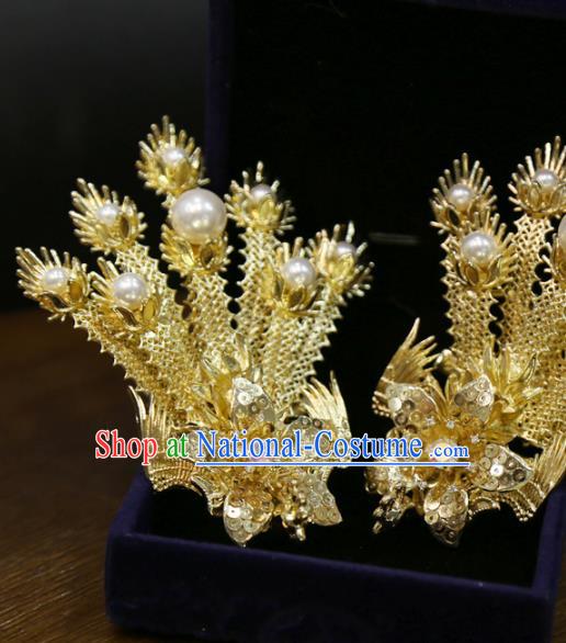 Chinese Classical Golden Phoenix Hair Sticks Hair Accessories Traditional Wedding Hairpins