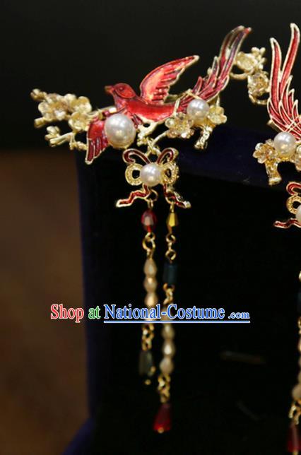 Chinese Classical Golden Hair Sticks Hair Accessories Traditional Wedding Red Bird Tassel Hairpins