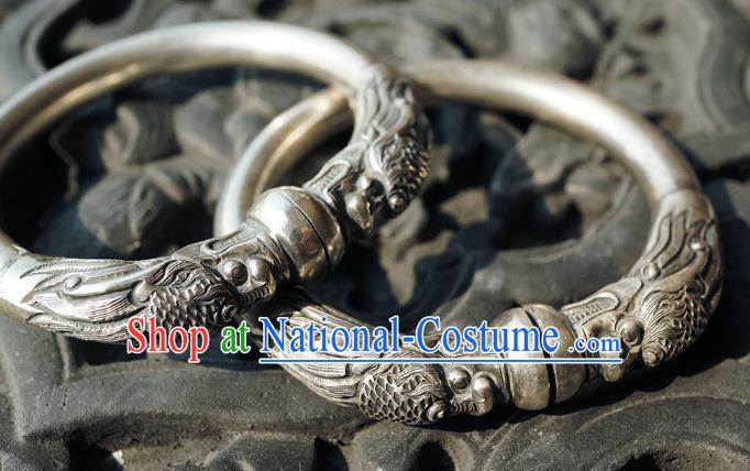 Chinese Traditional Silver Carving Dragon Bangle Accessories Handmade Bracelet Jewelry