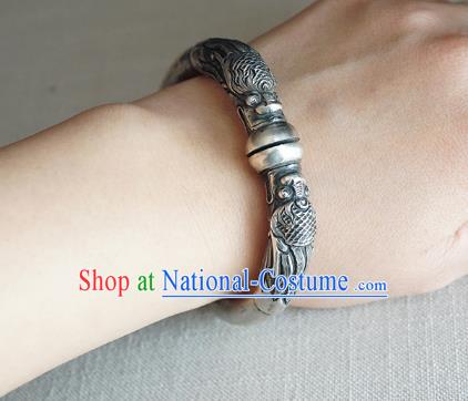 Chinese Traditional Silver Carving Dragon Bangle Accessories Handmade Bracelet Jewelry