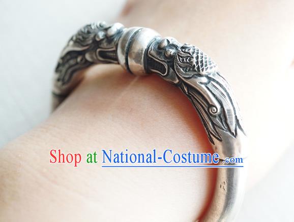 Chinese Traditional Silver Carving Dragon Bangle Accessories Handmade Bracelet Jewelry