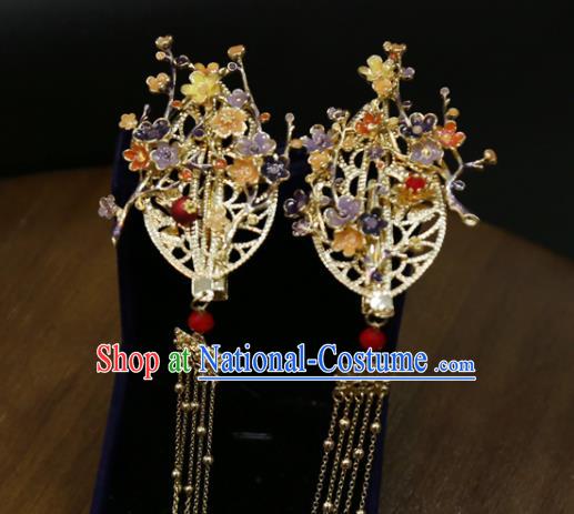 Chinese Classical Golden Tassel Hair Sticks Hair Accessories Traditional Wedding Plum Blossom Hairpins