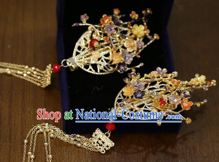 Chinese Classical Golden Tassel Hair Sticks Hair Accessories Traditional Wedding Plum Blossom Hairpins