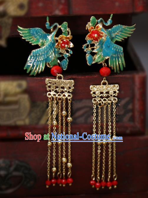 Chinese Classical Blueing Crane Hair Sticks Hair Accessories Traditional Wedding Golden Tassel Hairpins