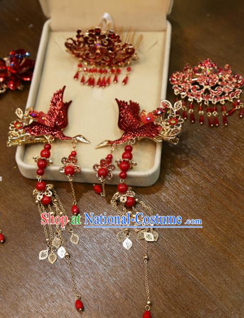 Chinese Classical Red Crane Hair Accessories Traditional Wedding Hairpins Tassel Hair Sticks Full Set