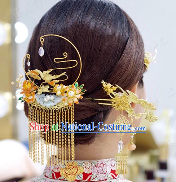 Chinese Wedding Golden Tassel Jade Hair Crown Classical Hair Accessories Traditional Xiuhe Suit Hairpins Full Set