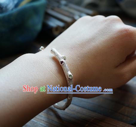 Chinese Traditional Gems Bangle Accessories Handmade Silver Carving Branch Bracelet Jewelry