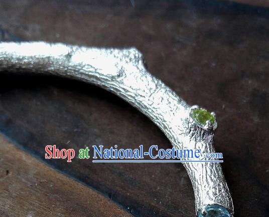 Chinese Traditional Gems Bangle Accessories Handmade Silver Carving Branch Bracelet Jewelry