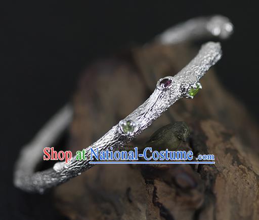 Chinese Traditional Gems Bangle Accessories Handmade Silver Carving Branch Bracelet Jewelry