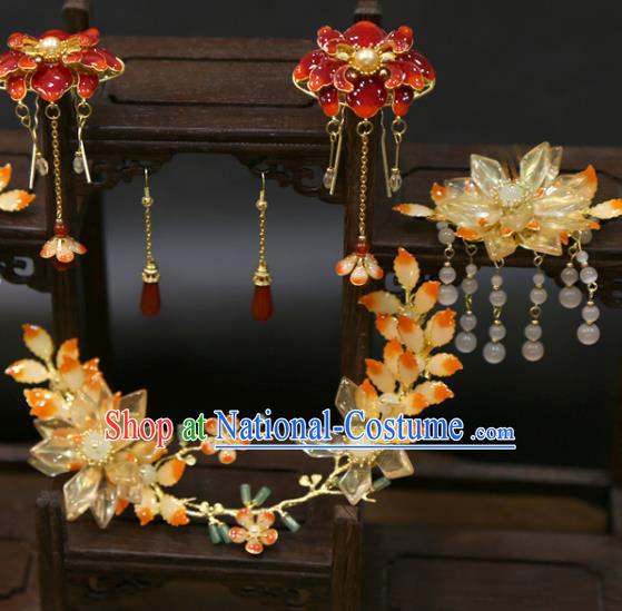 Chinese Wedding Hair Sticks Classical Hair Accessories Traditional Xiuhe Suit Lotus Hairpins Full Set