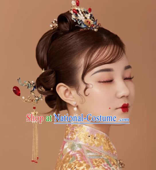 Chinese Wedding Hair Accessories Xiuhe Suit Phoenix Hair Crown Traditional Bride Hairpins Full Set