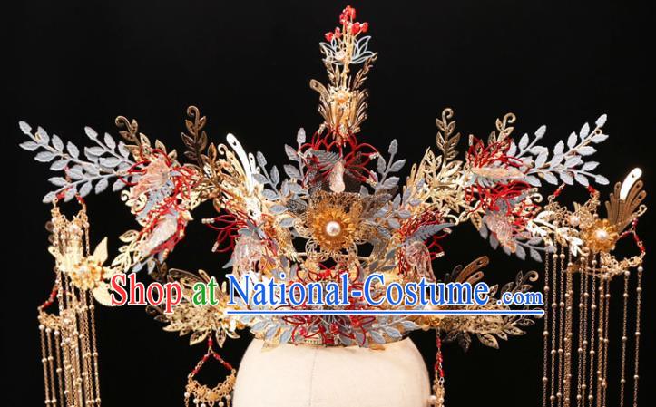 Chinese Wedding Golden Tassel Phoenix Coronet Traditional Xiuhe Suit Hair Crown Bride Hair Accessories Full Set