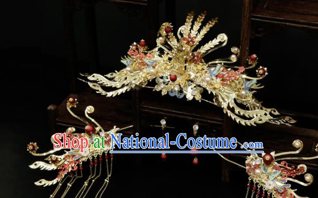 Chinese Wedding Golden Phoenix Hair Crown Traditional Xiuhe Suit Hair Accessories Bride Tassel Hairpins Full Set