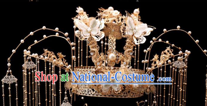 Chinese Xiuhe Suit Hair Accessories Traditional Wedding Bride Hair Crown Lace Butterfly Phoenix Coronet Full Set