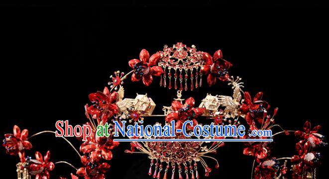 Chinese Wedding Bride Hair Crown Xiuhe Suit Hair Accessories Traditional Red Phoenix Coronet Full Set