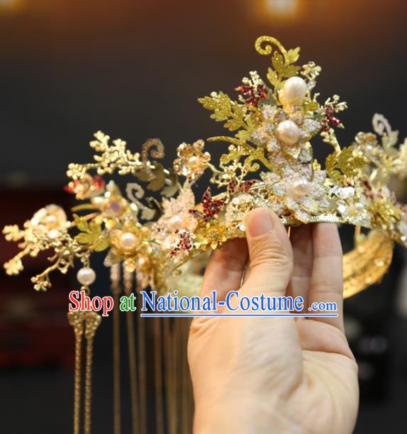 Chinese Bride Golden Hair Crown Xiuhe Suit Hair Accessories Traditional Wedding Phoenix Coronet