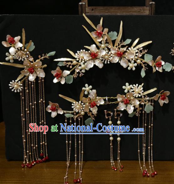 Chinese Bride Peach Blossom Hair Crown Xiuhe Suit Hair Accessories Traditional Wedding Tassel Hairpins Full Set