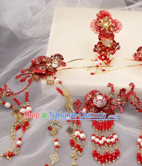 Chinese Bride Xiuhe Suit Hair Accessories Traditional Wedding Red Hair Crown and Phoenix Hairpins Complete Set